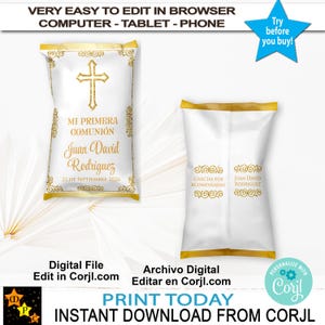 May include: White and gold-trimmed favor bags with Spanish text. One bag has a gold cross and the text "MI PRIMERA COMUNIÓN" and "Juan David Rodriguez". The other bag says "GRACIAS POR ACOMPAÑARME".