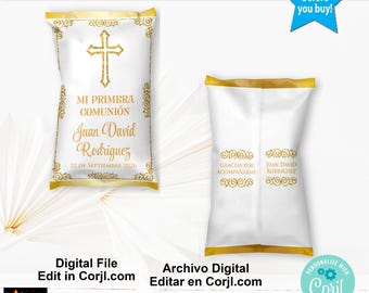 First Communion Chip Bag, Spanish, Gold, Corjl Edit (Digital Download)