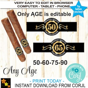 Etiquetas para puros editables, para 50.° cumpleaños, para cualquier edad, doradas, para whisky, descarga instantánea, CORJL, archivo digital