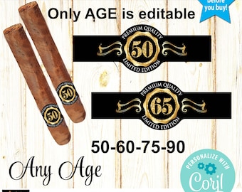 Editable Cigar Labels 50th Birthday, Any Age Cigar Band, Gold, Whiskey Label, Instant Download, CORJL, Digital File