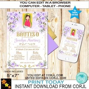 Convite de Batismo Espanhol, Virgem de Guadalupe, Nossa Senhora de Guadalupe, Virgencita, Rosas Roxas e Ouro, Edite e Baixe em Corjl, 5x7