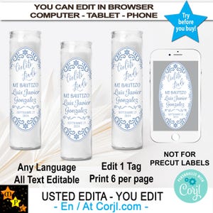 Mi Bautizo Cielito Lindo Baptism Candle Labels, White Blue, Mexican Theme, Printable, Editable, Talavera, Edit and Download in Corjl