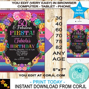 Mexican Fiesta Birthday Invitation, Mexican Flowers, Any Age, Sarape Background, Instant, Edit in Corjl, Printable, K 5x7