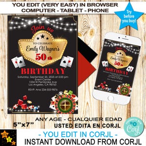 May include: A 5" x 7" printable invitation for a 50th birthday party with a casino theme. The invitation features a black background with gold and red accents. The text on the invitation reads "Join us to celebrate Emily Wagner's 50th Birthday". The invitation also includes images of playing cards, dice, and a roulette wheel.