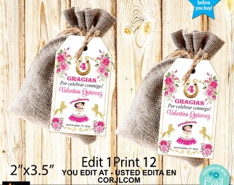 Mexican Charra Thank You Tags, Printable Birthday Favor (Digital Download)