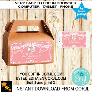 Labels doopgeschenkdoos Mexicaans thema, Barro Pink Talavera, Cielito LIndo, afdrukbaar, Gable Box, 6 x 3,5 inch, bewerken en downloaden in Corjl