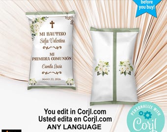 Baptism & 1st Communion Chip Bag, White Flowers (Edit and Download in Corjl)