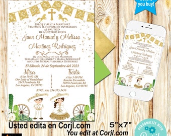 Spanish Baptism Invitation, Toddler Charra and Charro, Mexican Theme, Gold Foil, Editable in Corjl, Instant Download
