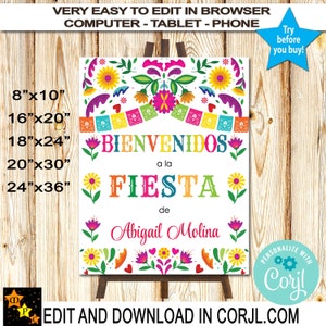 Spanish Fiesta Welcome Sign, Mexican Colorful Flowers, Printable, Edit and Download in Corjl, 5 sizes