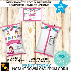 Bonita bolsa de papas fritas para niña mexicana, primer cumpleaños, cualquier edad, temática mexicana, charra, descarga instantánea de Corjl, edición en Corjl