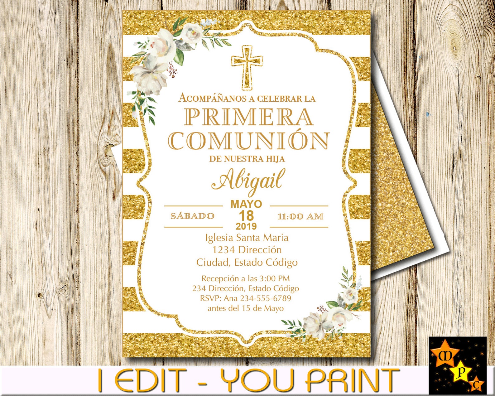 Spanish First Communion Invitation Girl Gold Floral Etsy