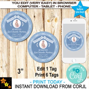 Mi Bautizo-labels voor doopfoto, blauwe barro, Mexicaans talavera-thema, bewerken en downloaden in Corjl, 3 inch