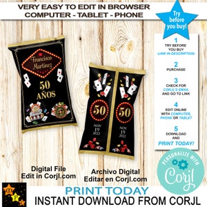 Spanish Casino Chip Bag, Birthday, Any Event, Any Language, Edit with Corjl, Instant Download from Corjl, Printable