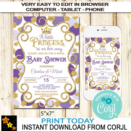 Purple Gold Crown Princess Baby Shower Invitation Template. - Etsy