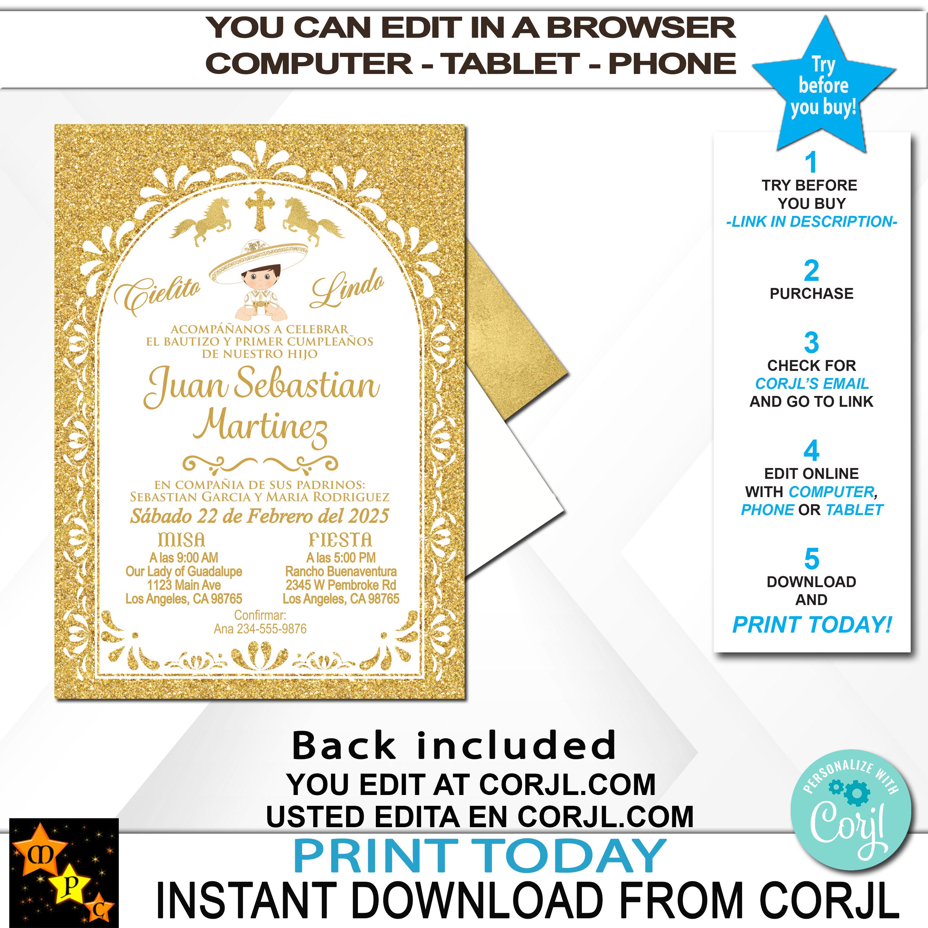 スペインの洗礼式と 1 歳の誕生日の招待状、メキシコの金色のタラベラ