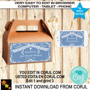 Doop geschenkdoos etiketten Mexicaans thema, Barro Blue talavera, Cielito Lindo, afdrukbaar, geveldoos, 6 x 3,5 inch, bewerken en downloaden in Corjl