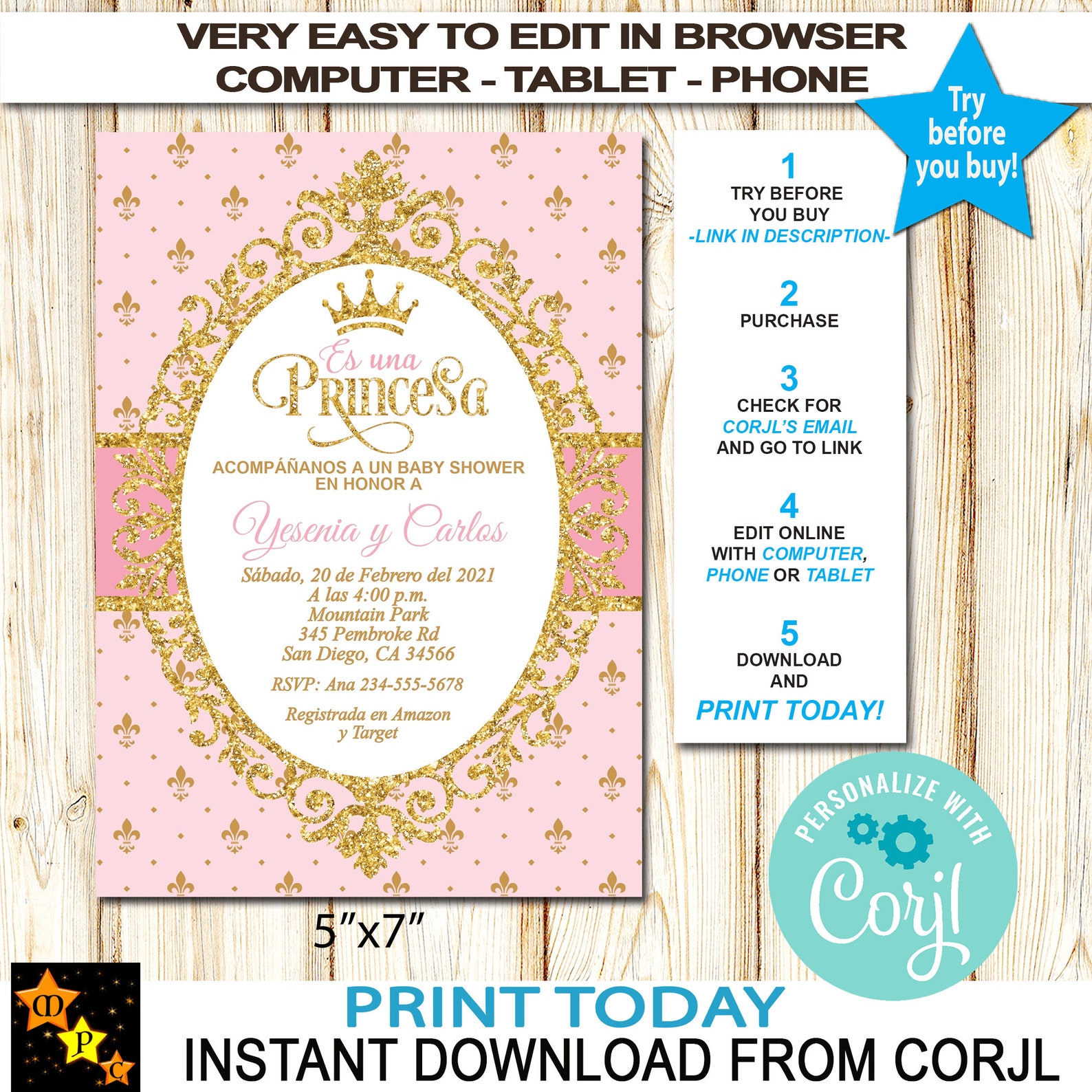 SPANISH Princess Baby Shower Invitation Girl Pink Watercolor Etsy