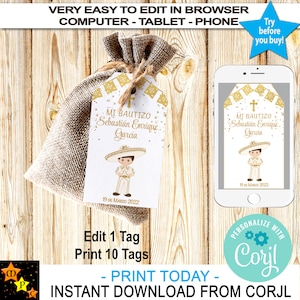 Mi Bautizo, Etiquetas de agradecimiento por el bautismo, Tema mexicano, Charro dorado para niños pequeños, Descarga instantánea de Corjl, Imprimible, 2" x 3.5", Editar con Corjl