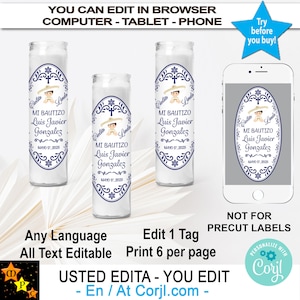 Mi Bautizo Baptism Candle Labels, Talavera Navy Blue Mexican Theme, Charrito, Editable, Printable, Cielito Lindo, Edit and Download in Corjl
