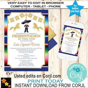 Présentation, 3 ans d'invitation, charro, thème mexicain, 3 ans, garçon, fond sarape, or, à modifier et à télécharger en corjl, imprimable, 17 x 20 cm
