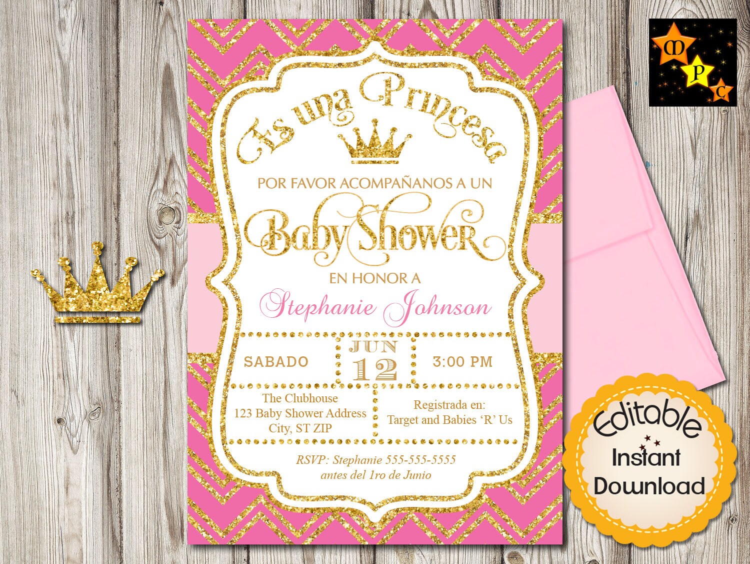 SPANISH Baby Shower Princess Invitation Girl Hot Pink and Etsy