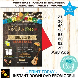 Spaans-Mexicaanse rustieke verjaardagsuitnodiging, elke leeftijd, DIY, direct downloaden van Corjl, bewerken in Corjl, afdrukbaar, 5 x 7