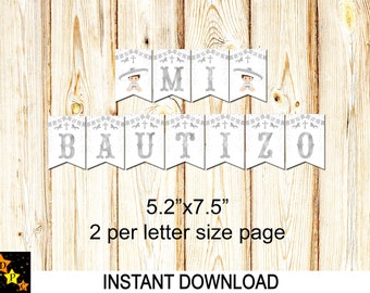 Spanish Baptism Banner, Mi Bautizo, Printable, Silver Baby Charro 5.2" x 7.5" each, Instant Download, Printable, DIY