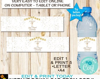 May include: Water bottle label with a gold and white design for a baptism. The label includes the text "Mi Bautizo" and the name "Juan Marud Hernandez". The label is designed to be edited and printed. The text "Very easy to edit online" is also visible.
