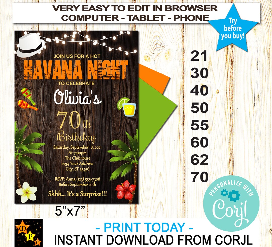 Havana Night Birthday Invitation, Rustic Wood, Instant Download From ...