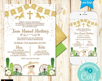 Spanish  Baptism and 1st Birthday (Any Age) Invitation, Charro, Mexican Theme, Gold Foil, Instant Download, Editable in Corjl, Printable