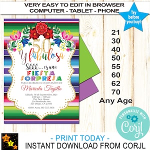 Spanish Surprise Fiesta Invitation, Mexican Fiesta Flowers, Any Age, Sarape Background, Instant, Edit in Corjl, Printable, 5x7, MXI505