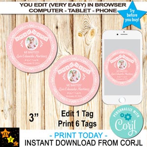 Mi Bautizo-labels voor doopfoto, roze Barro, Mexicaans talavera-thema, bewerken en downloaden in Corjl, 3 inch
