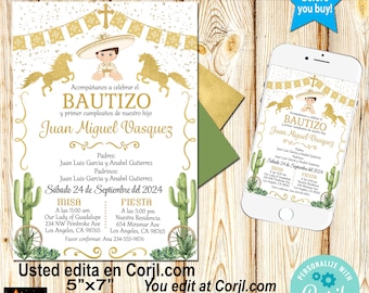 May include: A 5x7 inch printable invitation for a baptism and first birthday party. The invitation features a cartoon boy wearing a cowboy hat and holding a cross. The invitation is decorated with gold glitter, cacti, and a green background. The text on the invitation reads "Acompáñanos a celebrar el BAPTIZO y primer cumpleaños de nuestro hijo Juan Miguel Vasquez".