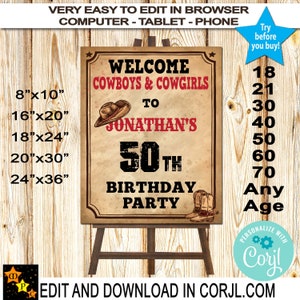 Welcome Sign, Any Language, Any Age, Western Cowboy, Instant Download from Corjl, Edit in Corjl, Printable, W101