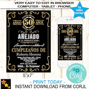 Convite de aniversário espanhol para qualquer idade, envelhecido até a perfeição, rótulo de uísque preto, branco e dourado, edite e baixe na Corjl, 5x7