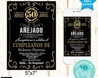 Spanish Any Age Birthday Invitation, Aged to Perfection, Black White Gold Whiskey Label, Edit and Download at Corjl, 5x7