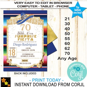 Surprise Birthday Invitation, Mexican Fiesta, Any Age, Sarape Background, Gold, Instant Download, Edit in Corjl, Printable, 5x7, SBI103