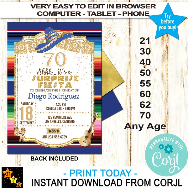 Invito di compleanno a sorpresa Fiesta, Sarape, Oro (download immediato)