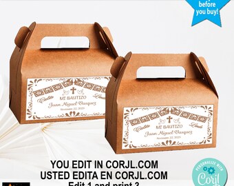 May include: Two brown favor boxes with white labels. The labels have a decorative design with a cross, doves, and the text "Cielito Mi Bautizo Juan Miguel Vasquez Nov 22, 2025".