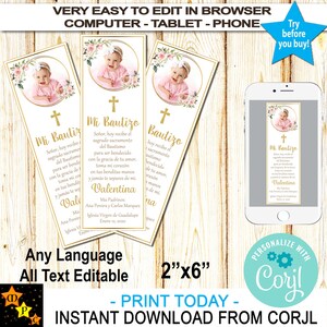 Mi Bautizo Spanische Taufe Foto Lesezeichen, Separador, rosa Rosen, sofortiger Download von Corjl, DIY, druckbar, bearbeiten in Corjl