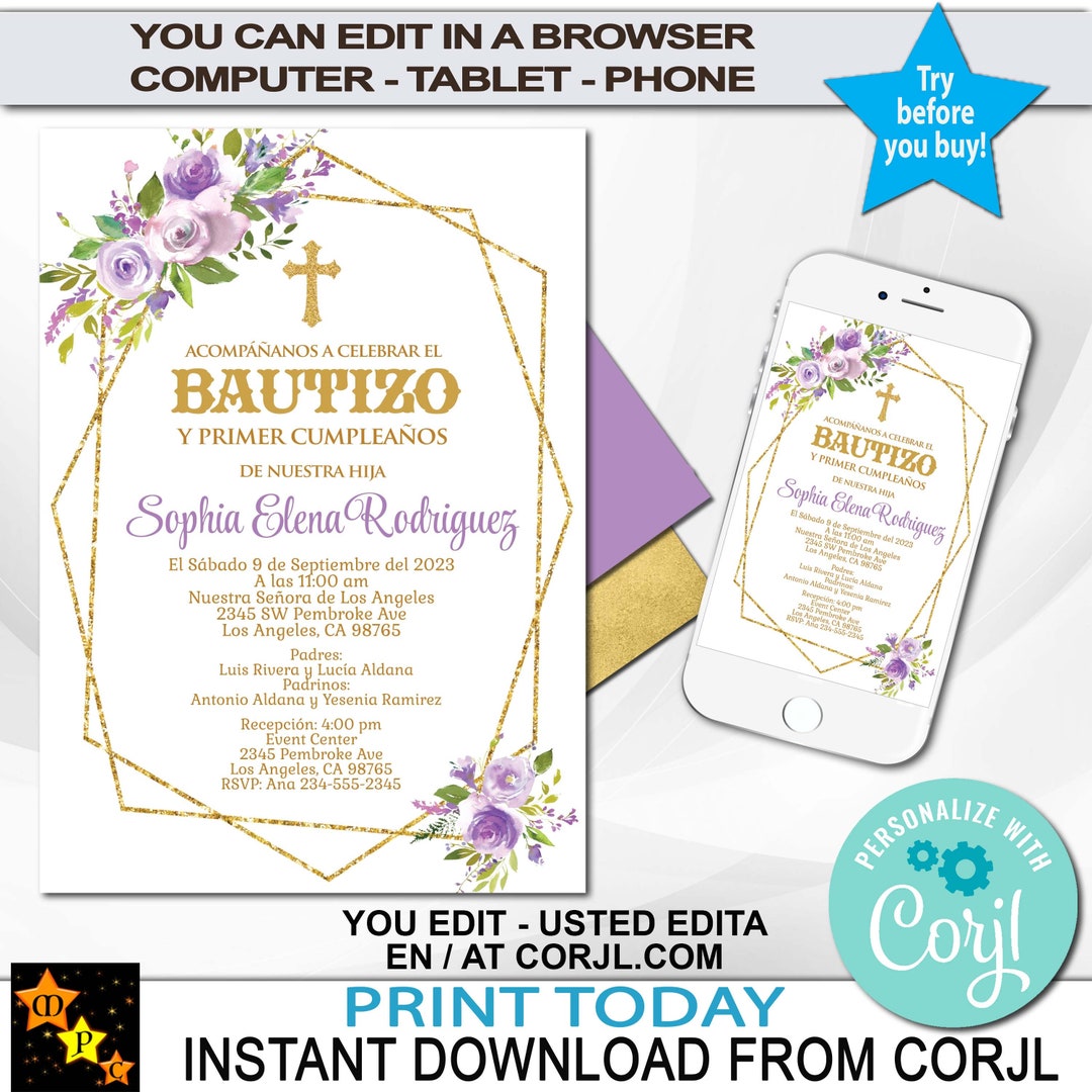 Editable Spanish Baptism Invitation, 1st Year, Any Age, Lilac Flowers ...