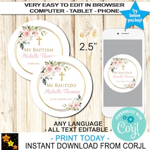 Spaans-Engelse dooptags, verjaardag, tags, elke taal, alle tekst is bewerkbaar, direct downloaden van Corjl, bewerken in Corjl, 2,5"