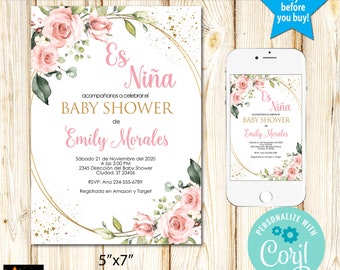 Spanish Floral Baby Shower Invitation, Girl, Blush Pink, Instant Download from Corjl, Edit in Corjl, Printable, 5x7