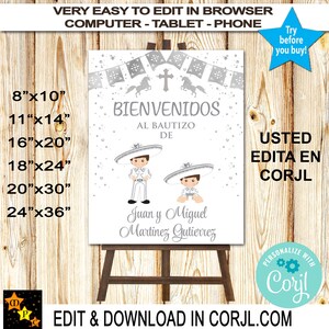 Nuestro Bautizo Baptism Welcome Sign, Mexican Style, Silver Toddler & Baby Charro, Edit and Download at Corjl, 6 sizes, Printable