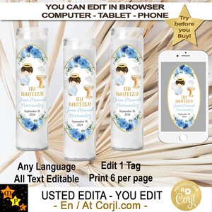Etiquetas para velas de bautizo Mi Bautizo, Angel, Angelito, Imprimible, Pila Bautismal, Flores Azules y Doradas, Edita y descarga en Corjl
