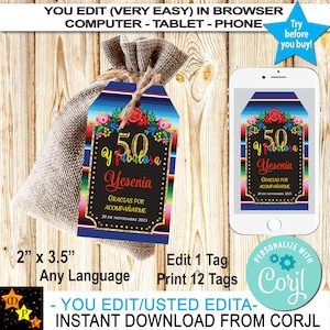 English Thank You Tags Mexican Style, Fiesta, Birthday, Any Language, DIY, Editable Text, Edit and Download at Corjl, Printable, 2&quot; x 3.5&quot;