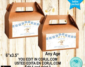 Baptism Gift Box Labels Mexican Theme, Charro, Blue Gold, Gable Candy Box, Printable, 6" x 3.5", Editable Printable