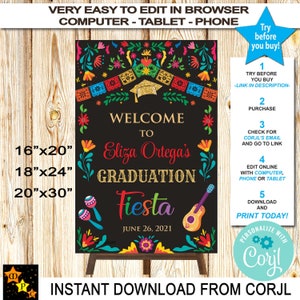 Graduation Fiesta Welcome Sign Poster, Mexican Theme, 3 sizes, Printable, Papel Picado, Instant Download, Editable in Corjl