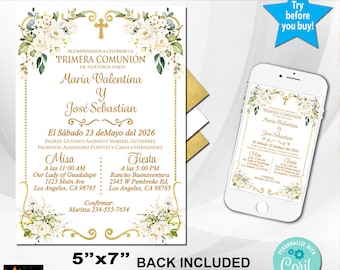 Spanish First Communion Invitation, Boy and Girl, White Flowers (Editable Corjl Template)