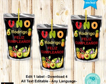 Spanish Juice Pouch, Dancing Fruit, Hey Bear, Editable, Printable, Corjl